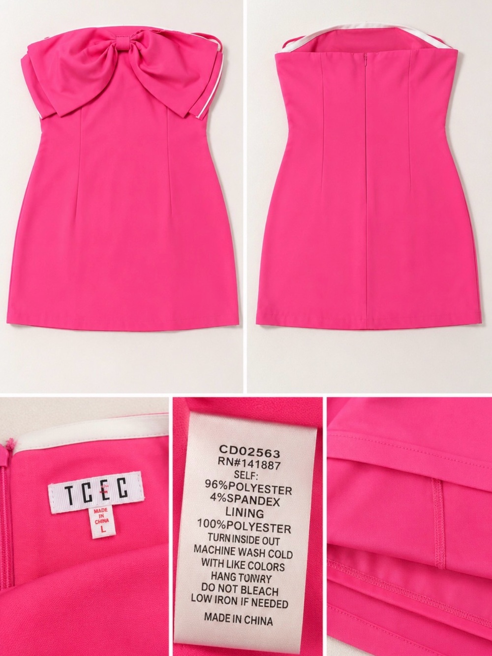 TCEC Hot Pink Strapless Mini Dress with Bow Size Large